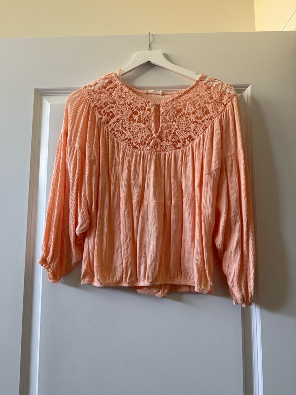 Boho Peasant Blouse with Crochet Yoke - Peach